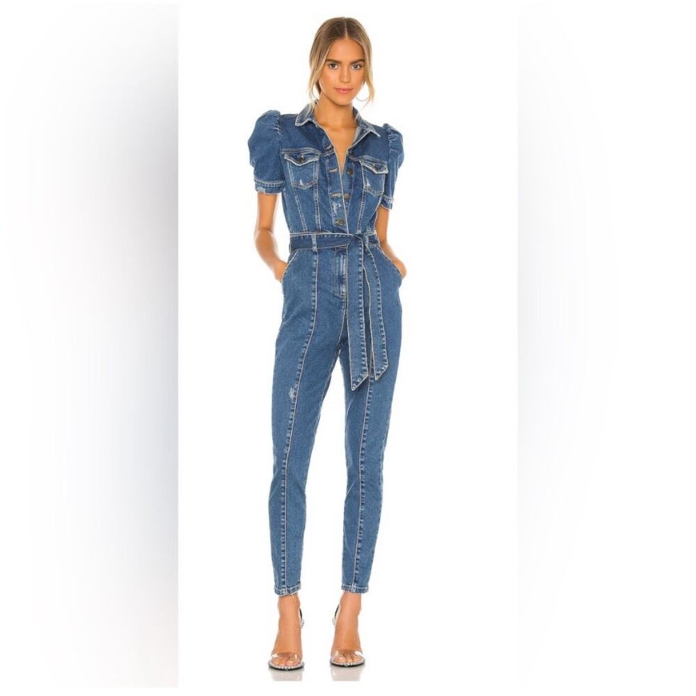 Retrofete Tori Denim Jumpsuit Size Medium Short Puff Sleeve Button Front w Belt
